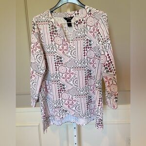 Ali Miles Medium tunic blouse top shirt pink gray white tapestry floral textured